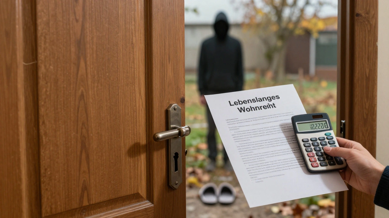 Tür mit nur einer Hausschuhe sichtbar, Vertrag und Kapitalwert im Hintergrund, Herbstlicht.