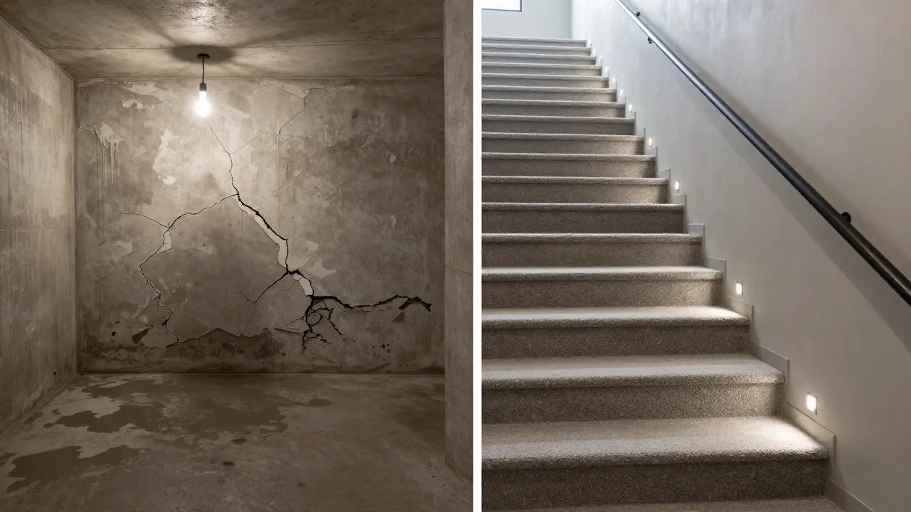 Vergleich: alte, gefährliche Treppe links, moderne, sichere Variante mit Beleuchtung und rutschfestem Belag rechts.