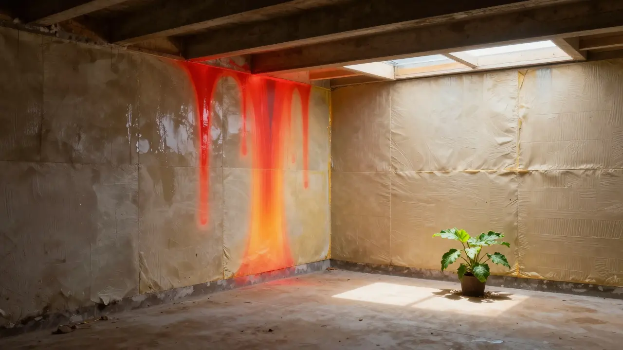 Vergleich: feuchte, kältegeplagte Kellerwand vor und nach der Sanierung mit Wärmedämmung.