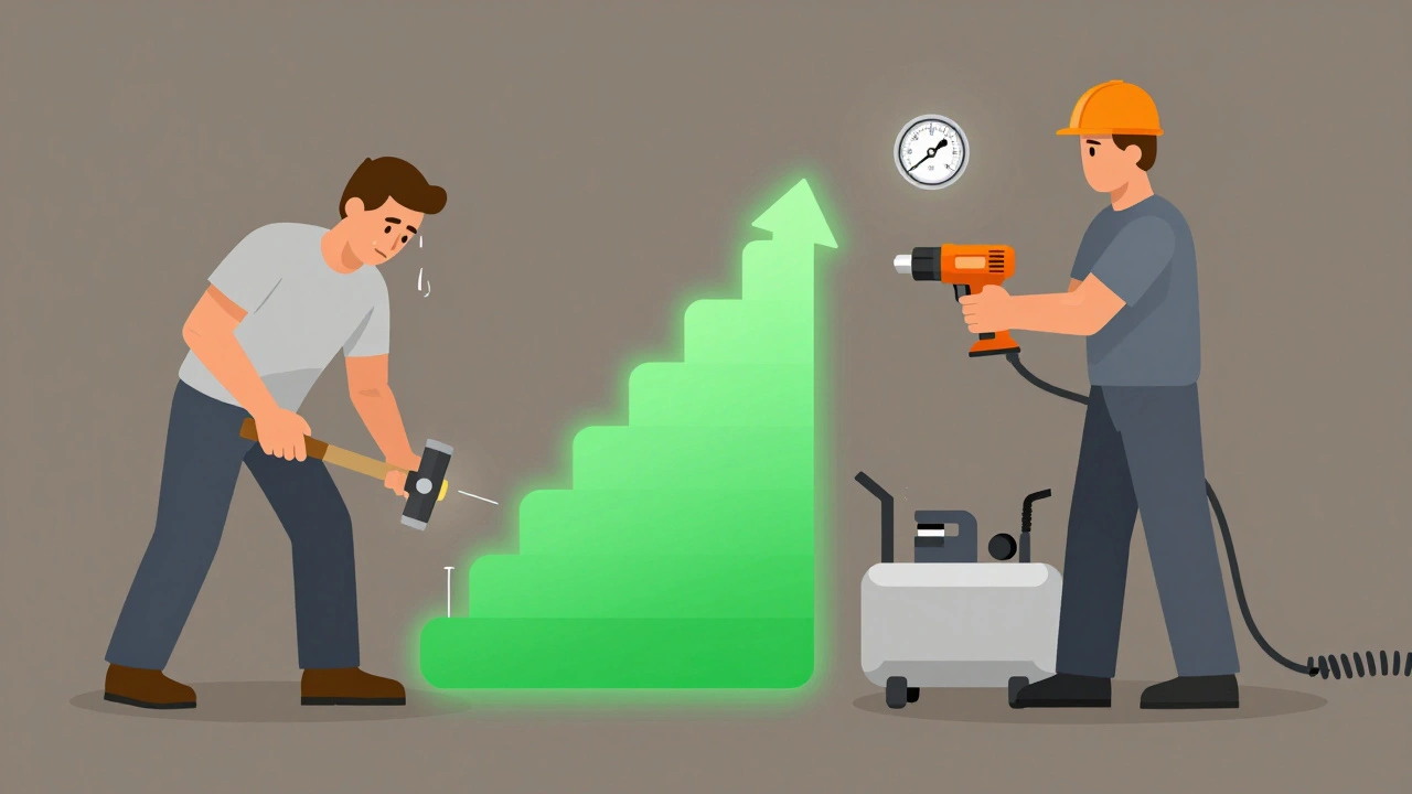 Vergleich: Traditioneller Hammerarbeit vs. moderne Drucklufttechnik auf der Baustelle mit klarem Effizienz-Boost.