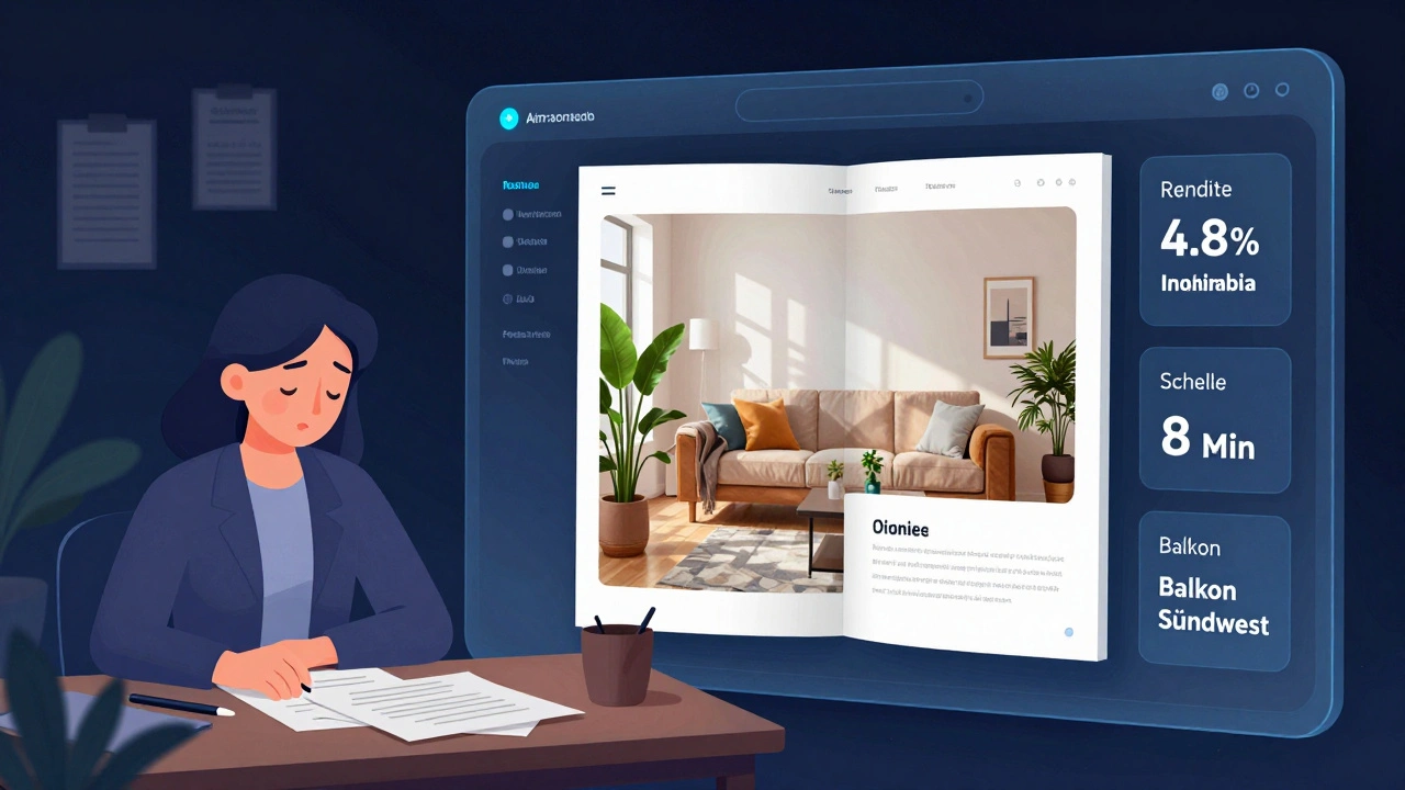 Vergleich: Überlasteter Makler neben einer KI, die in Sekunden ein professionelles Immobilienexposé erstellt.