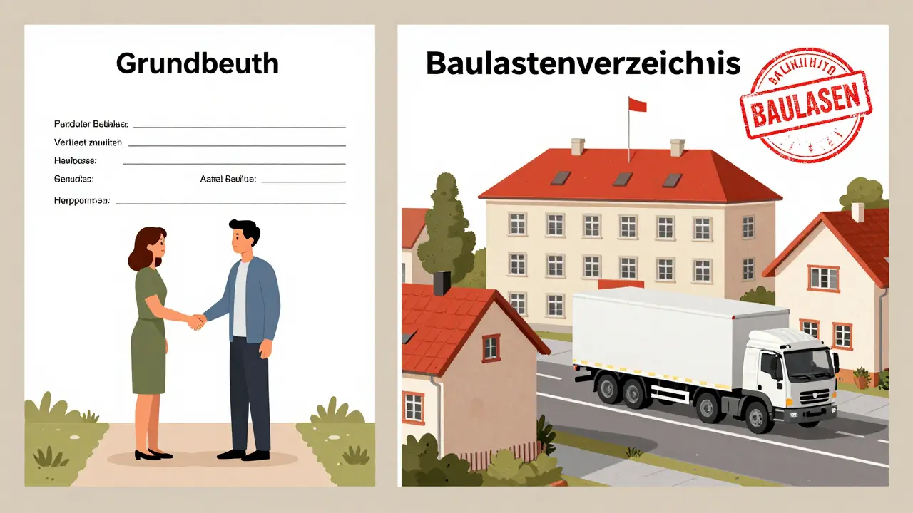 Vergleich zwischen privatem Grundbuch und öffentlicher Baulast mit rechtlichen Symbolen.