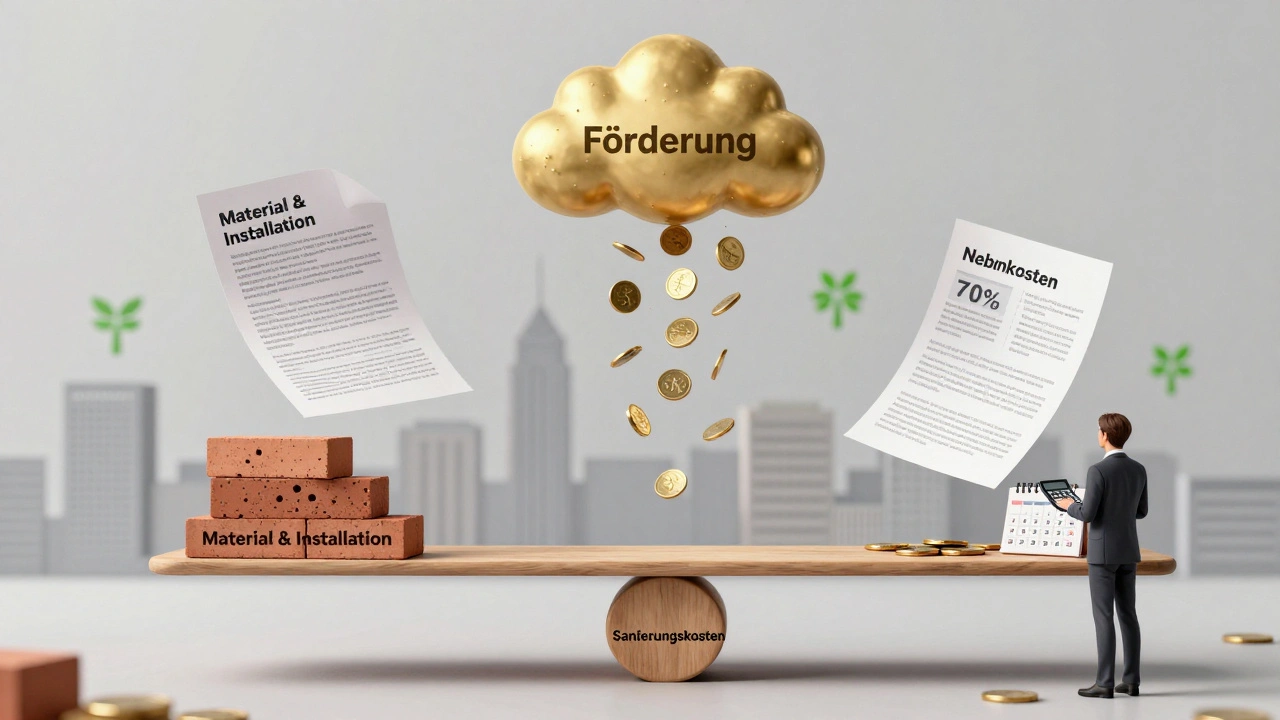 Waage mit Sanierungskosten und Fördermitteln, symbolisch dargestellt mit fallenden Münzen und Fristenkalender.