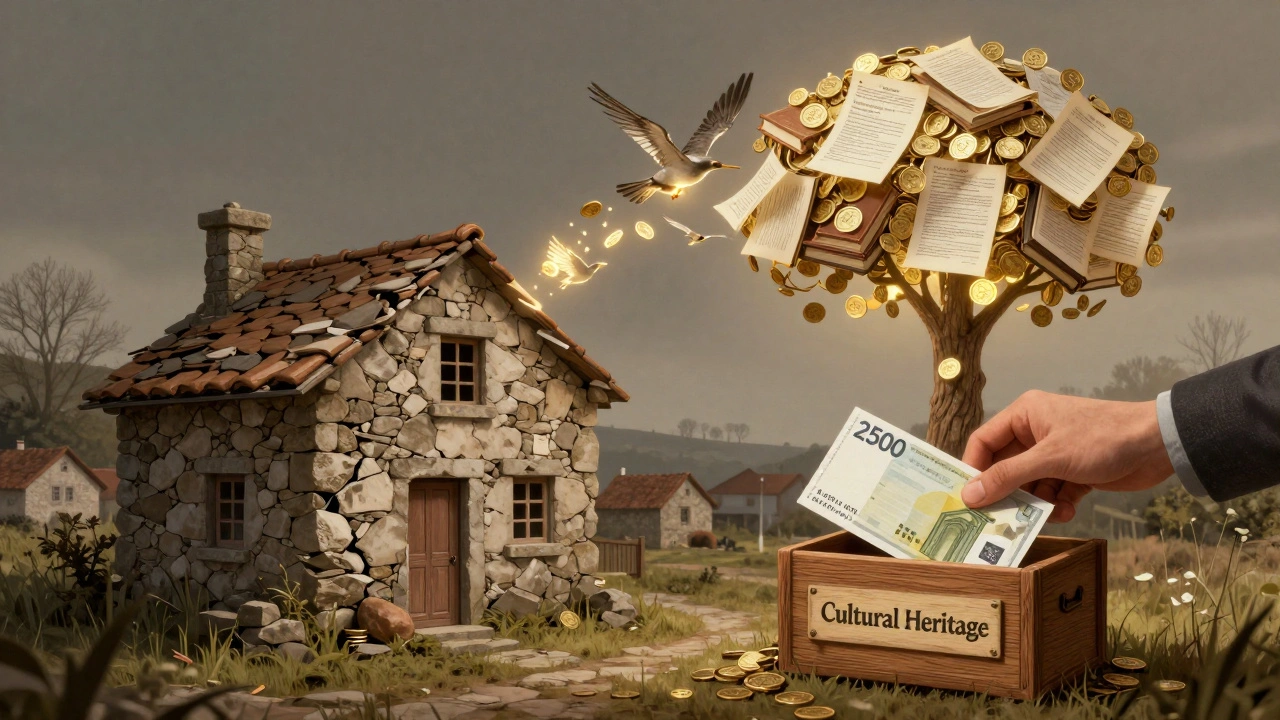 Zerfallendes Haus in Portugal, dessen Münzen zu Vögeln werden, die in einen kulturellen Baum fliegen.