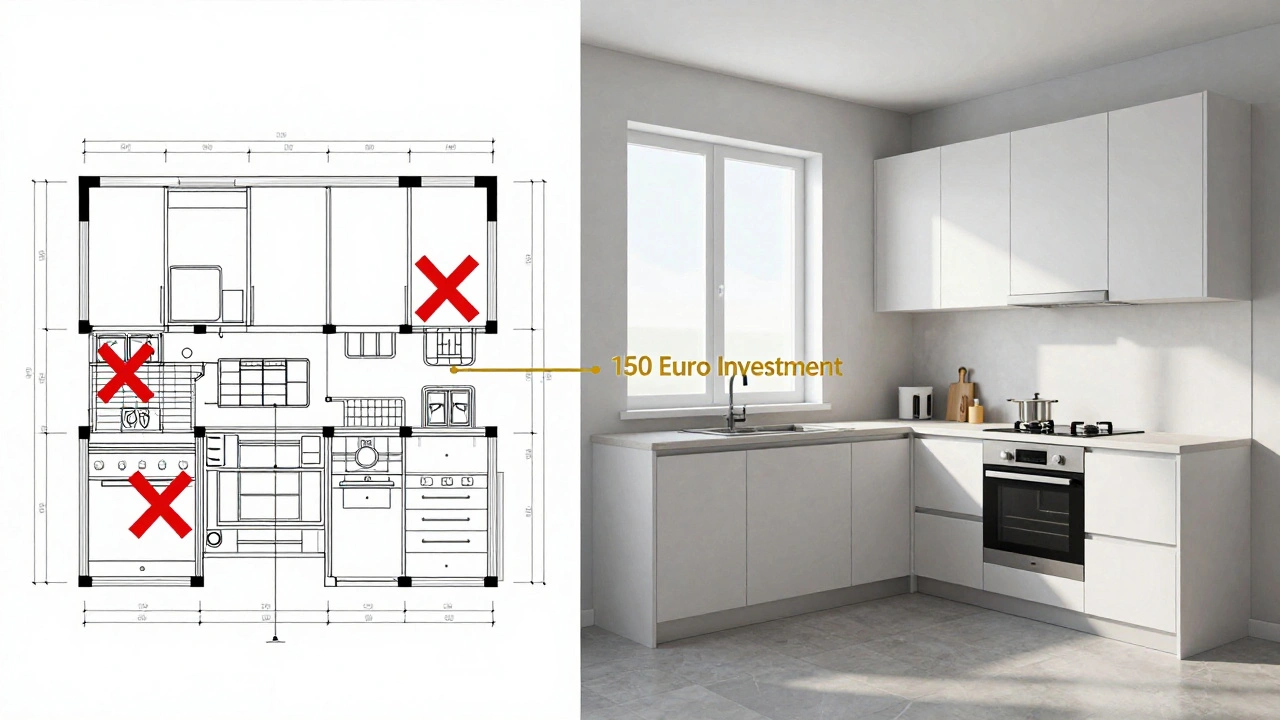 Zwei Küchenpläne: links ein fehlerhafter Entwurf mit roten Kreuzen, rechts ein perfekt angepasstes Design.