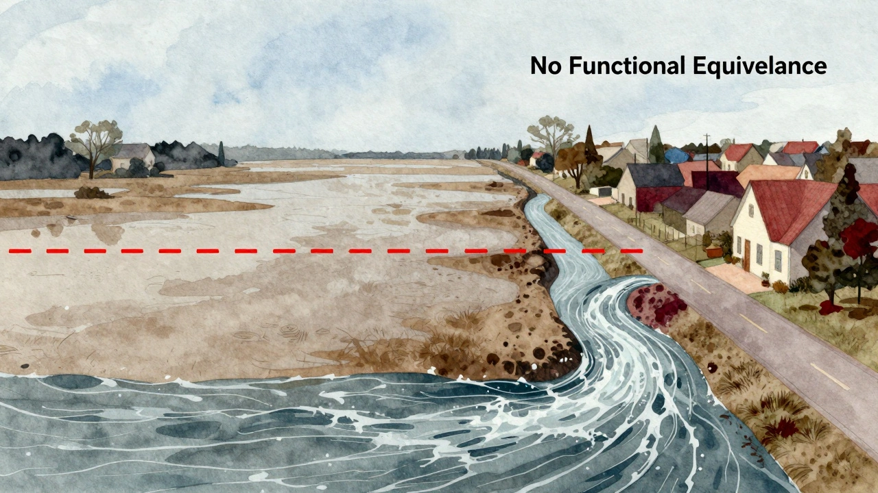 Zwei Landschaftshälften: natürliche Flutniederung vs. gebauter Bereich mit gestautem Wasser.