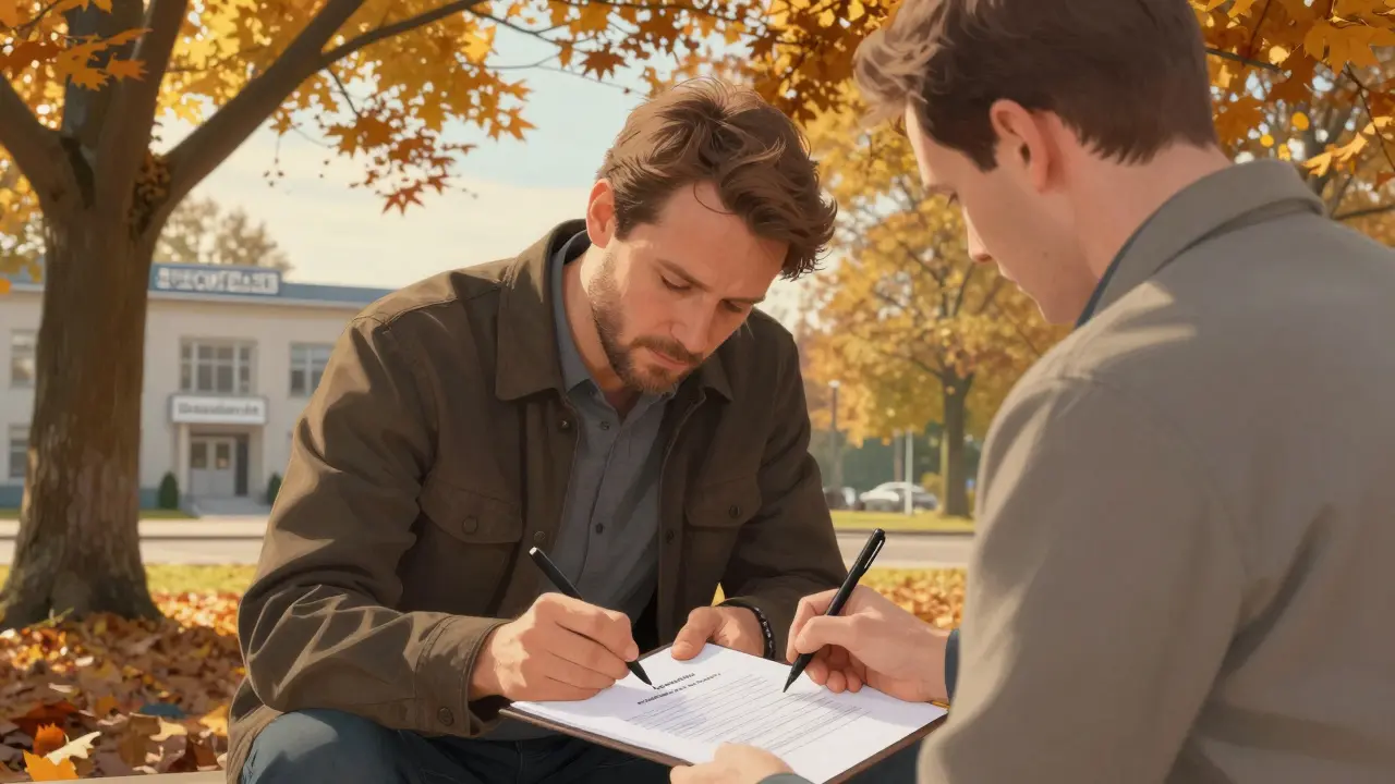 Bauherr unterschreibt private Abnahme mit Handwerker, im Hintergrund die Bauaufsichtsbehörde.