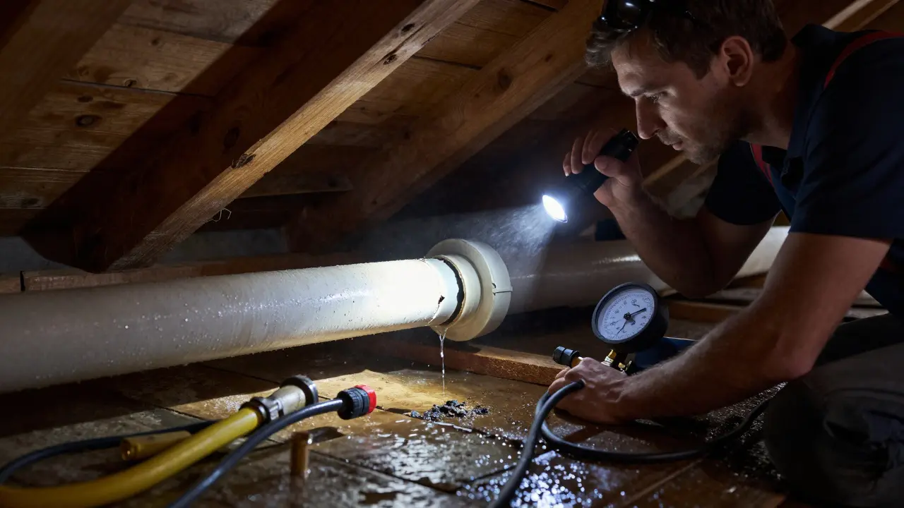 Dachboden mit undichtem Abflussrohr, aus dem Wasser tropft.