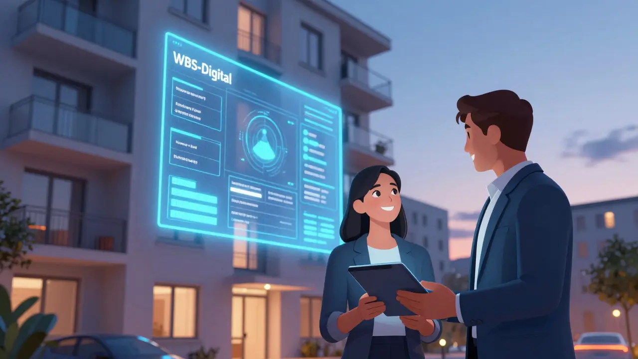 Digitaler WBS-Antrag wird in einer Sozialwohnung überreicht, moderne Stadtlandschaft im Hintergrund.