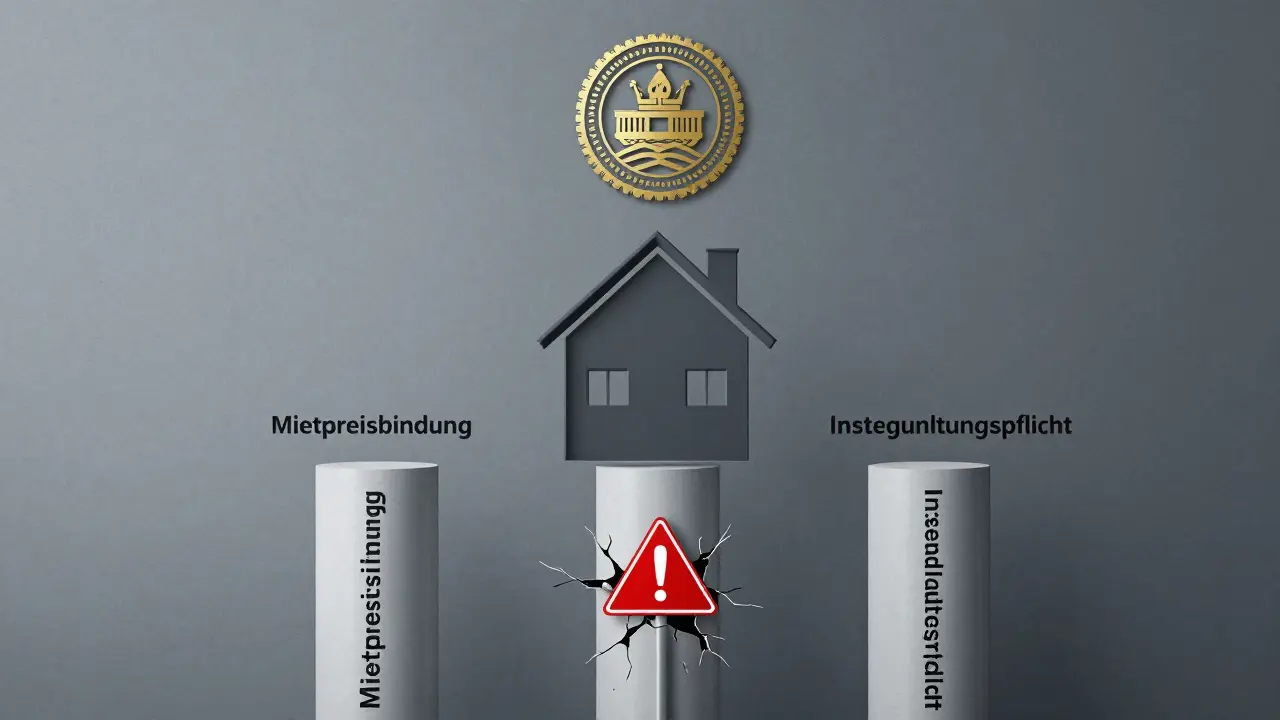 Drei Säulen halten ein Haus hoch, eine bricht – Symbol für Pflichten bei Sozialwohnungen.