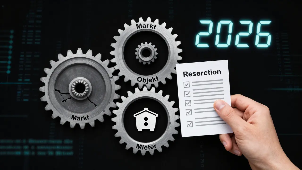 Drei verknüpfte Zahnräder symbolisieren Markt, Objekt und Mieter als kritische Risikofaktoren.