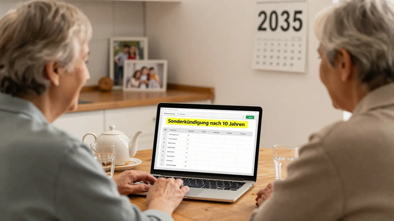 Ehepaar am Küchentisch mit Mortgage-Rechner und Hinweis auf Sonderkündigungsrecht