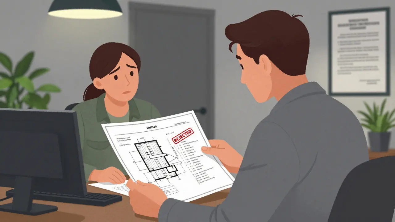 Ein Bauamt-Mitarbeiter prüft Baupläne mit einer roten Ablehnungsstempel, während ein Hausbesitzer besorgt zusieht.
