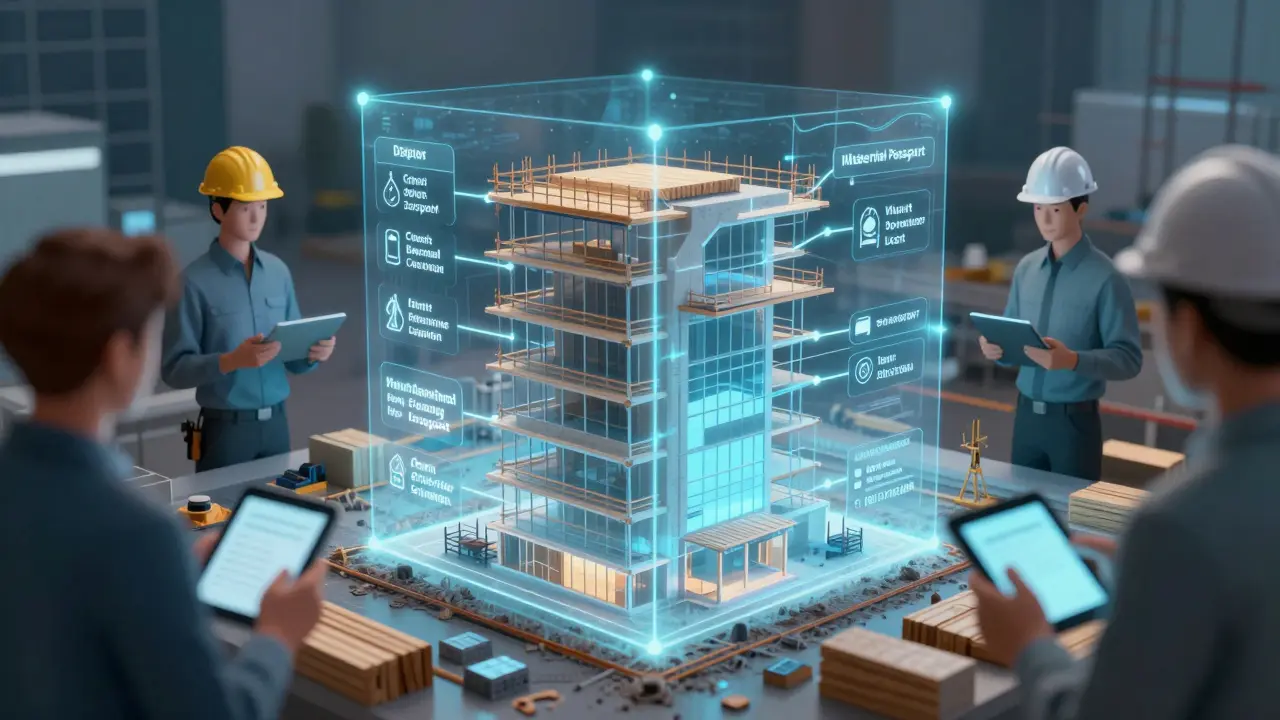 Ein digitales Material-Pass-Hologramm zeigt die Herkunft und Wiederverwendbarkeit von Baustoffen.