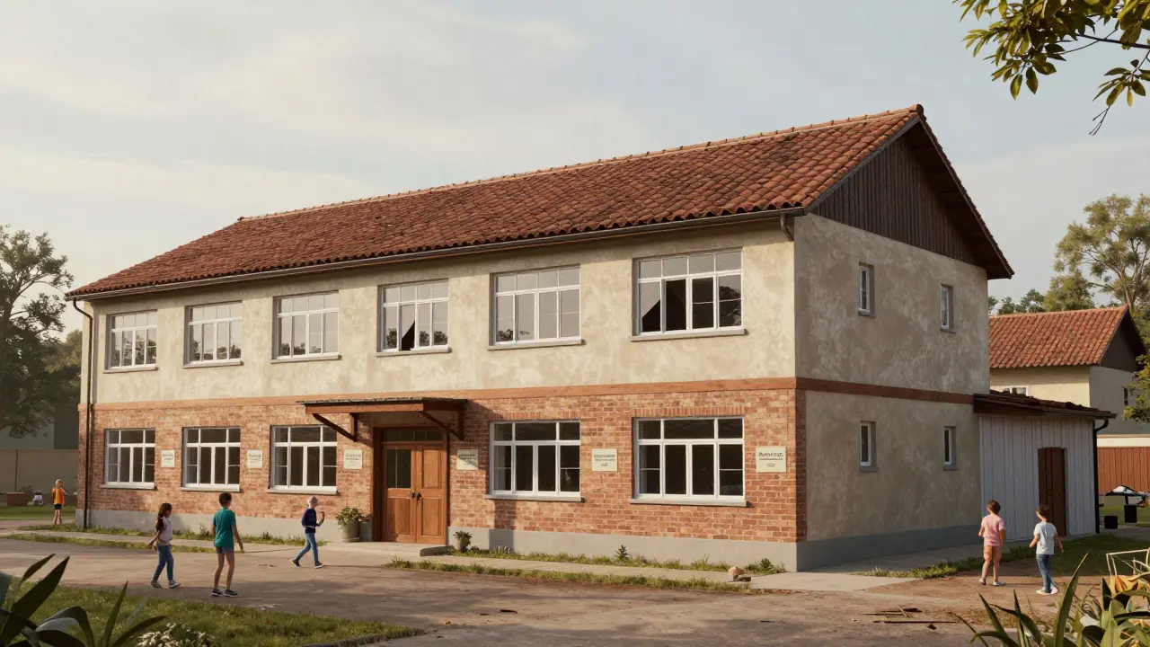 Ein Gebäude aus wiederverwendeten Materialien wie alten Fenstern und Dachziegeln, umgeben von Lebensfreude.