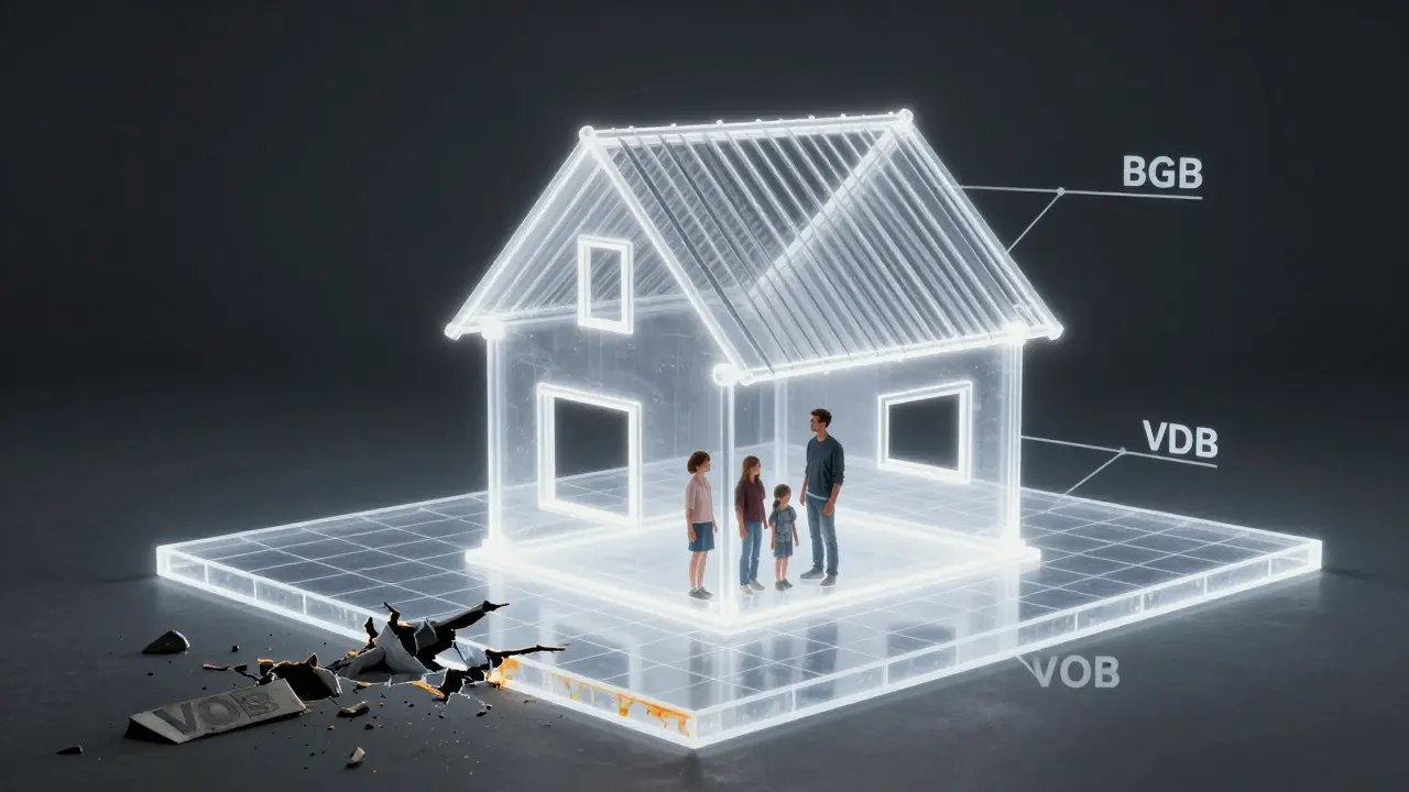 Ein Haus ist von zwei rechtlichen Rahmenwerken umgeben: BGB als stabile, schützende Struktur, VOB als zerbrechlich und verblassen.