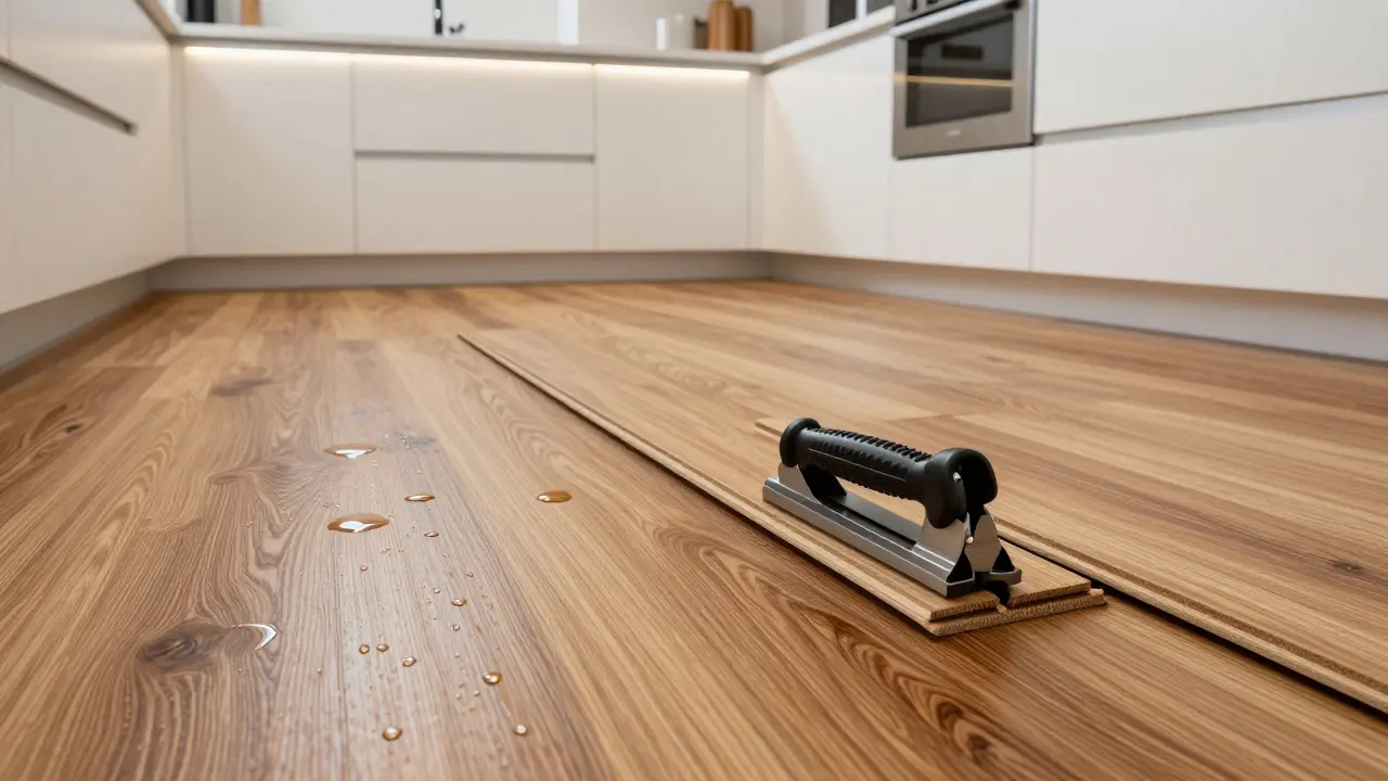 Ein SPC-Vinylboden wird in einer Küche verlegt, Wasser tropft darauf, ohne zu quellen, mit Cuttermesser und Klick-System im Fokus.