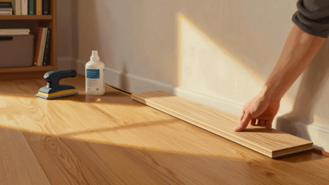 Eine Hand setzt die letzte Parkettplatte ein, mit 15 mm Dehnungsfuge zur Wand, goldenes Licht und Holzmaserung im Hintergrund.