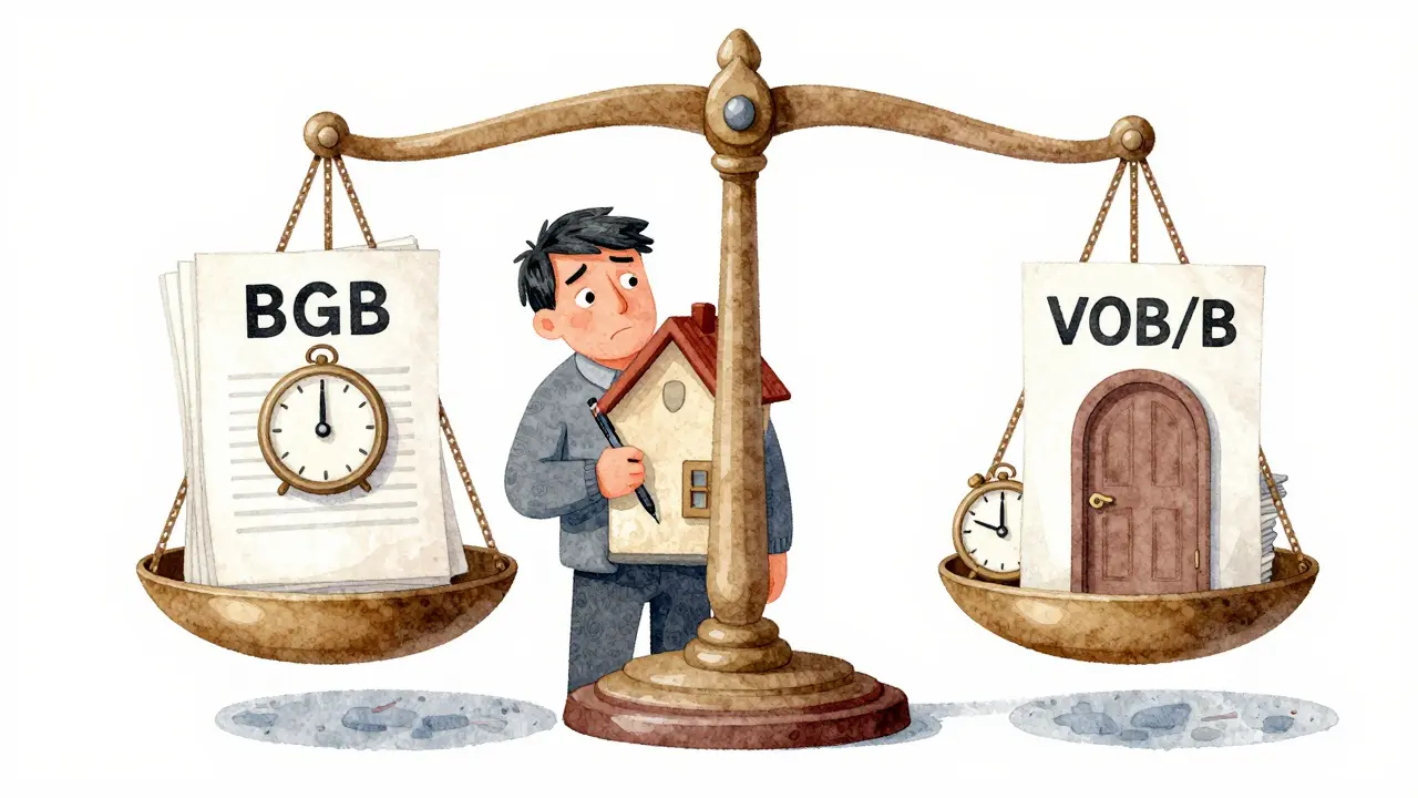 Eine Waage vergleicht BGB und VOB als rechtliche Grundlagen für Hausumbauten mit symbolischen Zeichen für Schutz und Fristen.