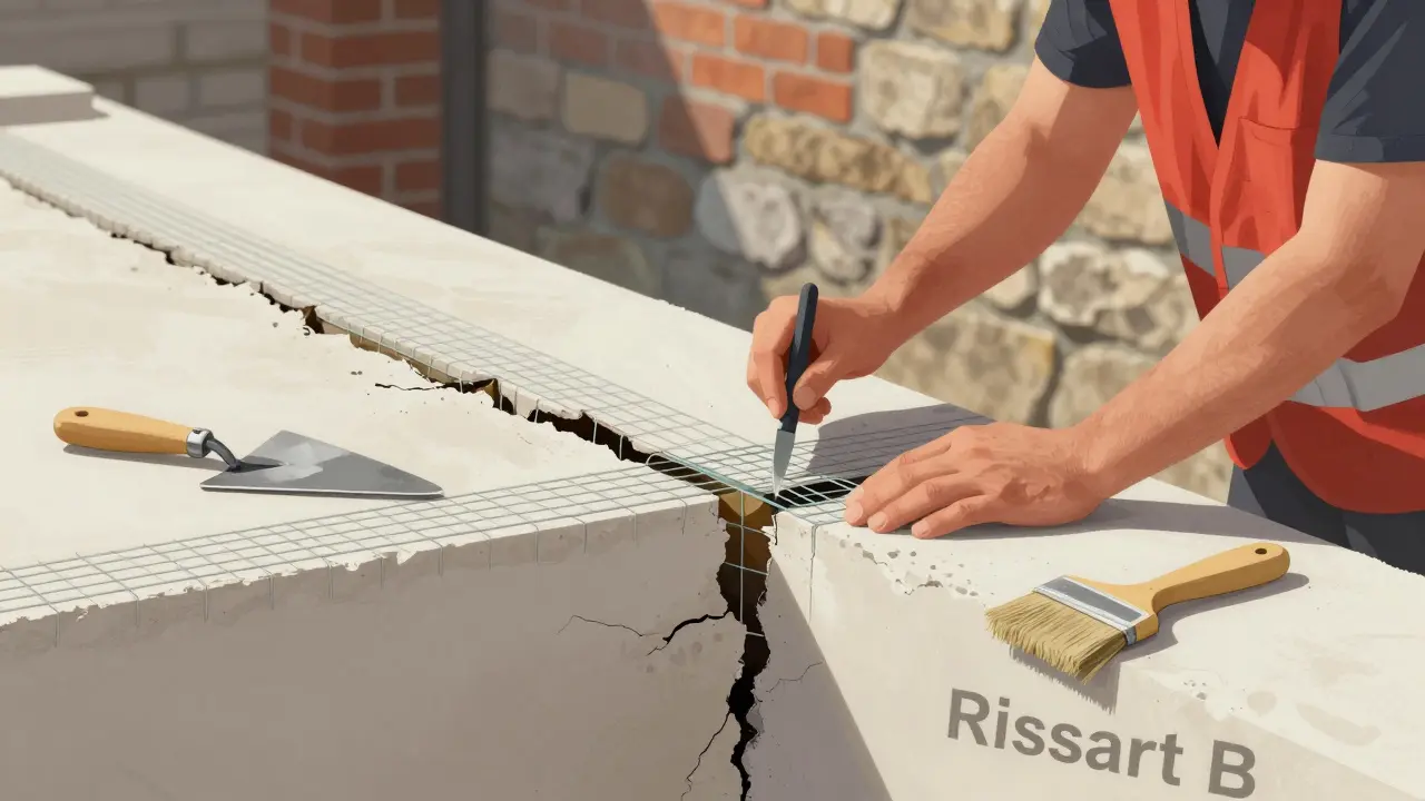 Fachmann verlegt Glasgewebe in einen Putz, um ein Mauerwerksrisse zu stabilisieren.