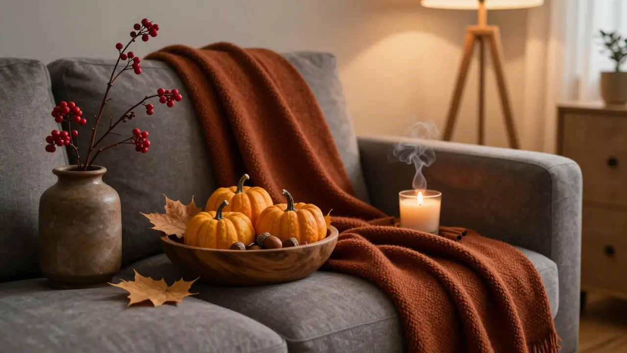 Gemütliches Herbstwohnzimmer mit holzschale, Kürbissen, Eicheln und einer duftenden Kerze in warmen Farben.