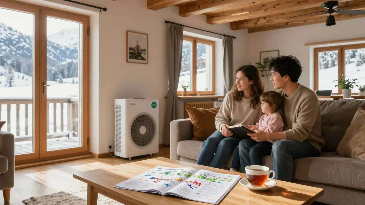 Gemütliches Wohnzimmer in einem sanierten Haus mit neuen Fenstern und Wärmepumpe, sanftes Winterlicht und Sanierungsfahrplan auf dem Tisch.