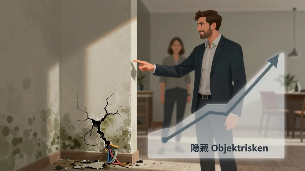 Gutachter entdeckt verborgene Schäden in einer Wohnung, während der Verkäufer unbeteiligt wirkt.