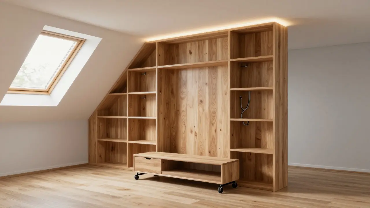 Holzwand unter der Dachschräge mit versteckten Regalen und LED-Beleuchtung, rollbares TV-Lowboard im Vordergrund.