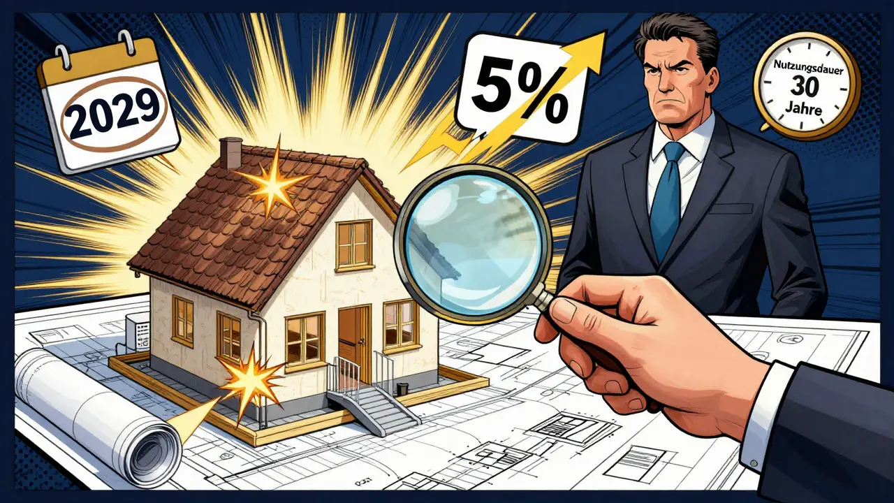Immobilienbesitzer analysiert Sanierungspläne mit Comic-Stil Energie-Upgrade-Effekten.