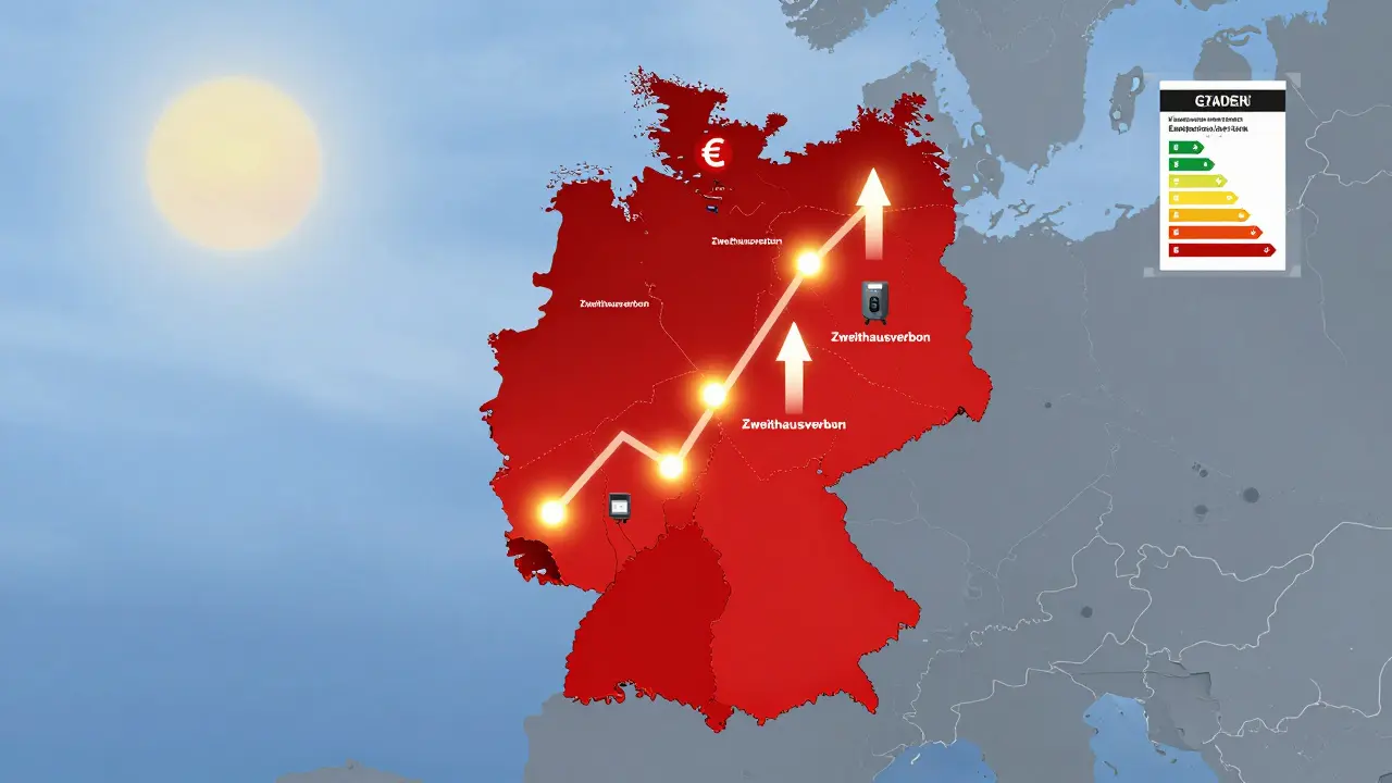 Karte Deutschlands mit wachsenden Ferienimmobilien-Hotspots und Verboten in Bayern.
