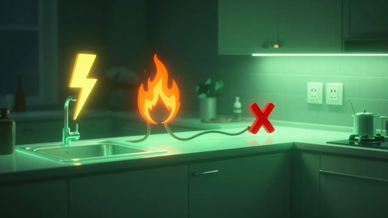 Konzeptuelles Bild: Gefährliche vs. sichere Elektroinstallation in der Küche mit sichtbaren Sicherheitsunterschieden.