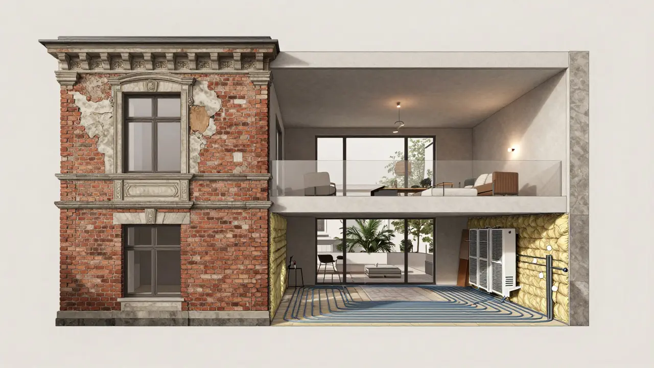 Querschnitt einer historischen Penthouse-Renovierung mit versteckter Dämmung, Fußbodenheizung und Lüftungssystem in einem alten Gebäude.