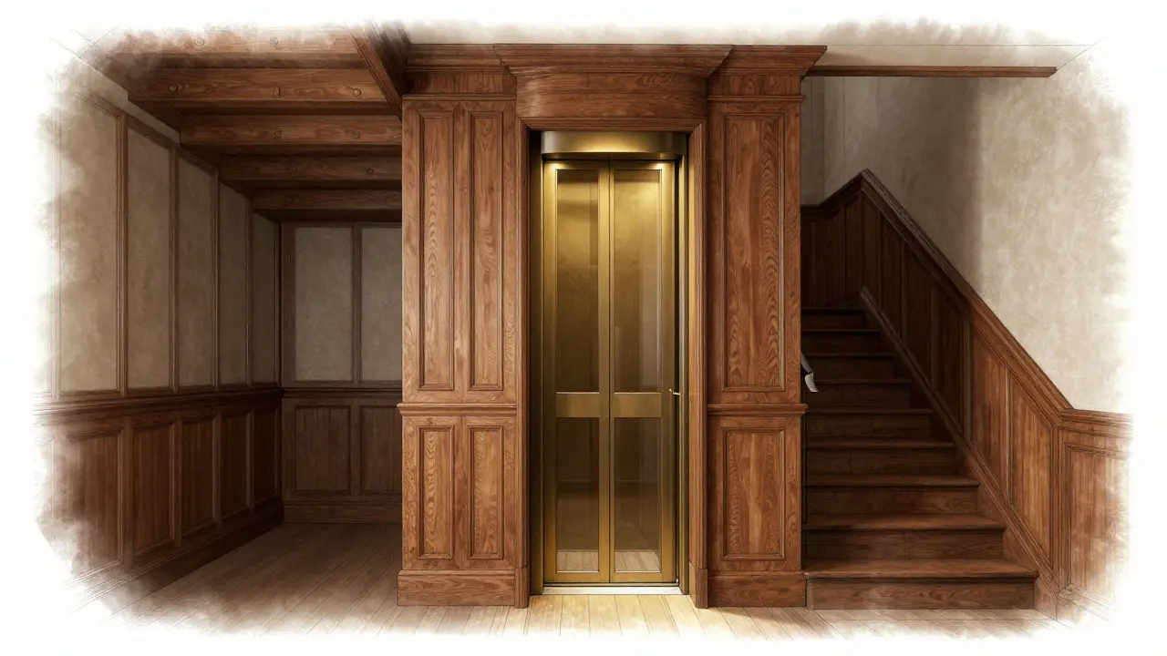 Reversibler Holzaufzug in Treppenhaus eines Altbaus, ohne Außenveränderungen, passt sich optisch an.