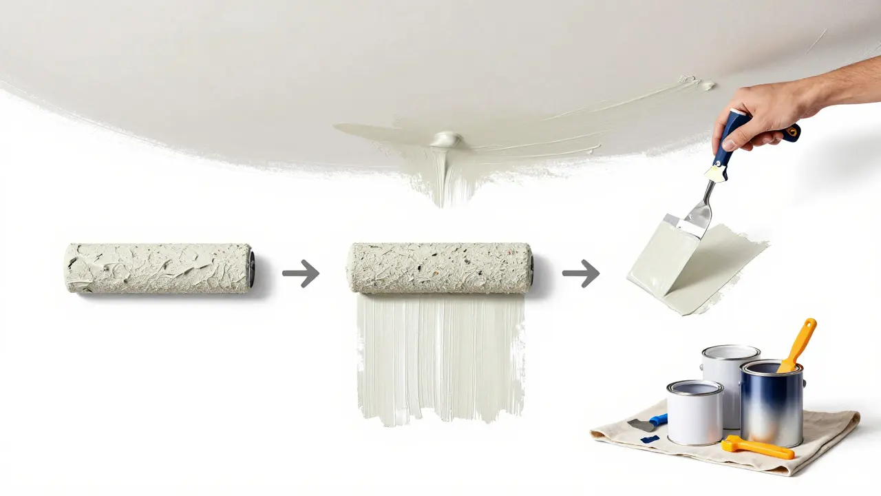 Schrittweise Reparatur einer Decke mit Feuchteschutzfarbe und Endanstrich.