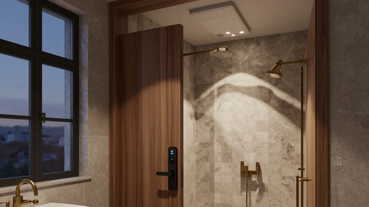 Smart-Home-Technik in historischem Bad: Sprachsteuerung, automatische Tür und Badewannenlift, keine baulichen Eingriffe.