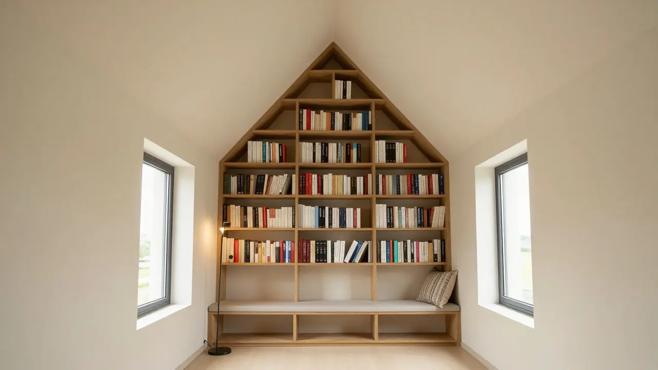 Treppenregal entlang der Dachschräge mit symmetrischen Dachfenstern und sanfter Beleuchtung, helle Wände für mehr Raumgefühl.