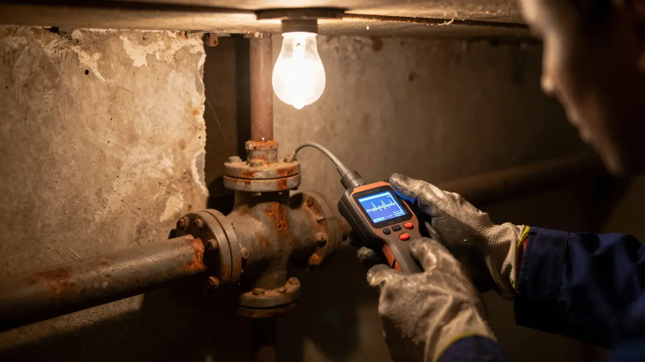 Ultraschall-Detektor untersucht eine hinter der Wand verborgene Gasleitung auf Undichtigkeiten.