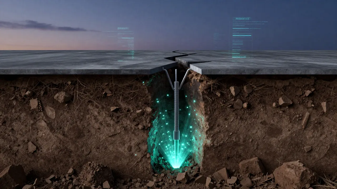 Unterirdische Injektion eines bio-basierten Harzes zur Stabilisierung des Bodens unter einem Gebäude.