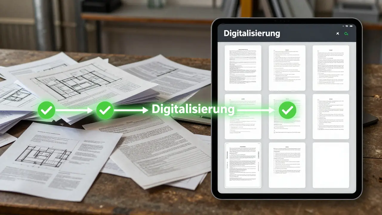 Vergleich von chaotischen Papierunterlagen und digital organisierten Dokumenten für die behördliche Abnahme.