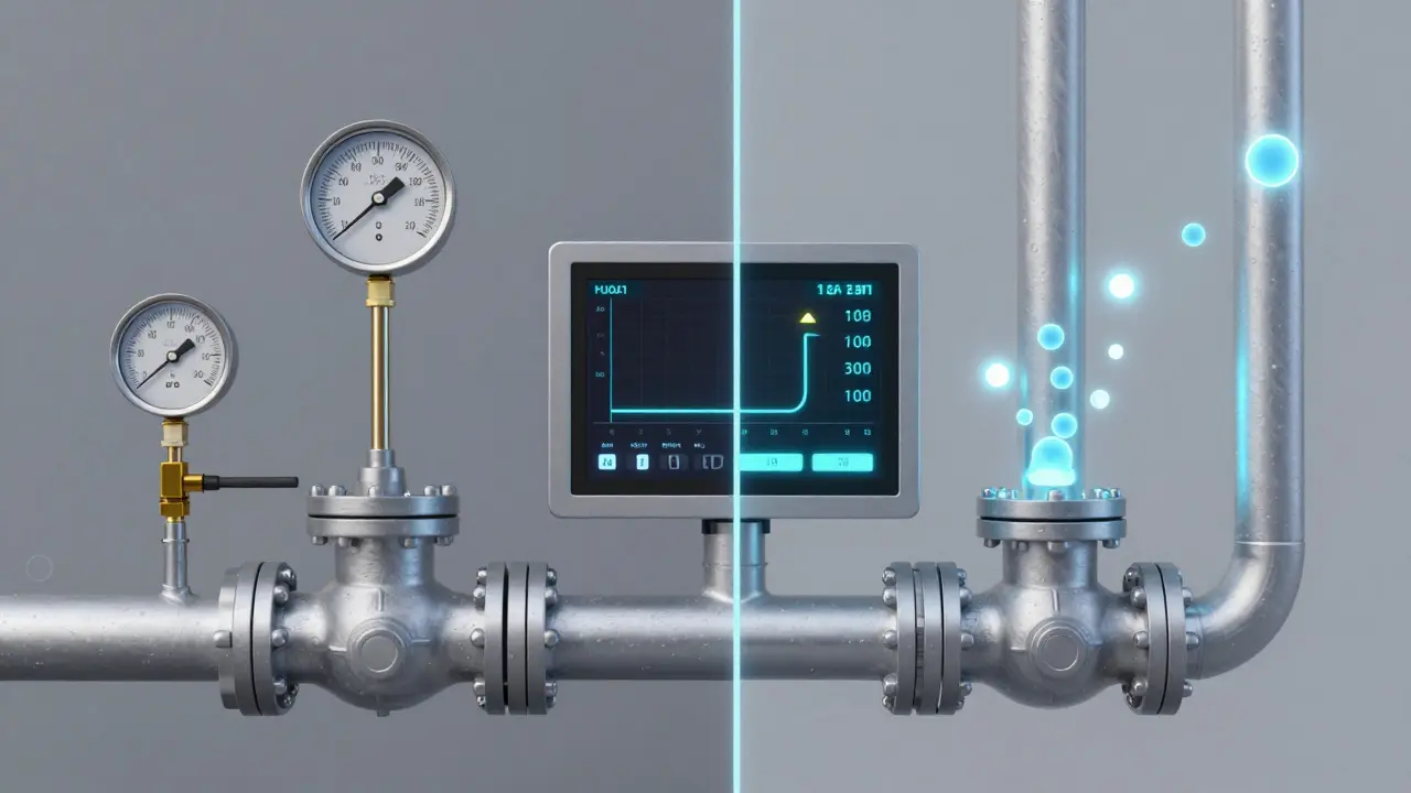 Vergleich von Erdgas- und Wasserstoffgasleitung mit digitaler Druckanzeige und Moleküldarstellung.