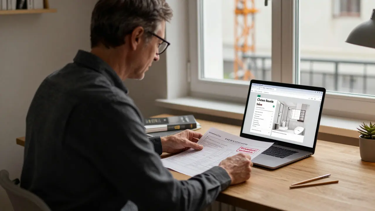 Vermieter organisiert Sanierungsnachweise im Heimbüro, neben einem Bauplan und Laptop mit offizieller Mietspiegel-Website.