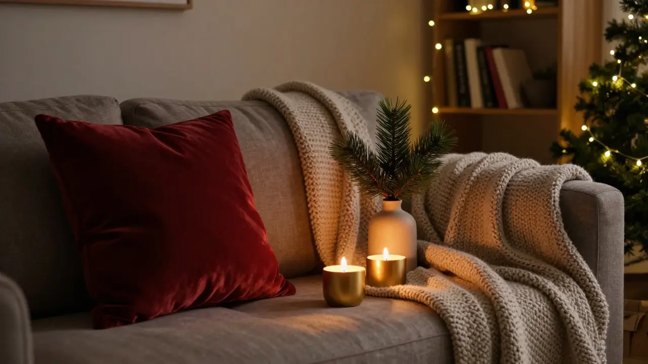 Winterliches Wohnzimmer mit Wolldecke, Kerzenlichtern und einem Tannenzweig in sanftem, warmem Licht.