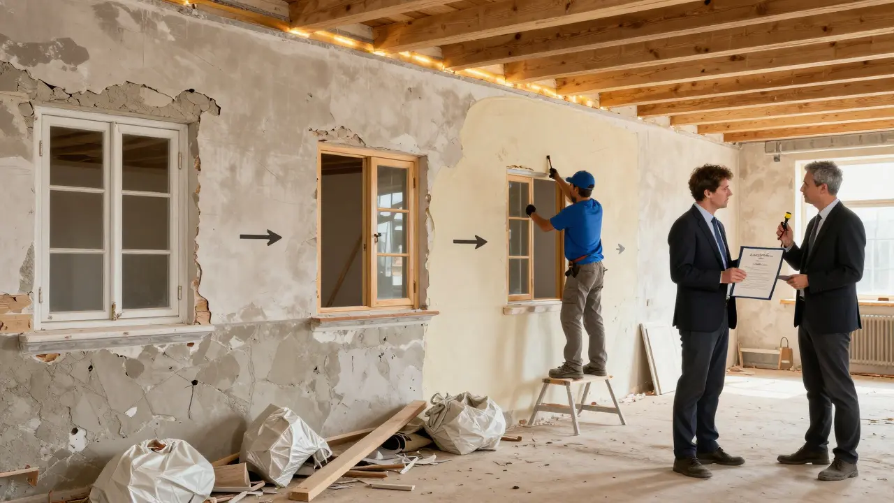 Zeitlicher Verlauf einer Denkmalsanierung von ruinösem Zustand bis zur offiziellen Genehmigung durch das Denkmalamt.