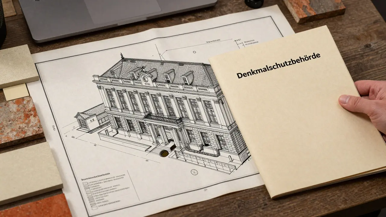 Architekturplan mit digitalem 3D-Modell und historischen Baumaterialien für denkmalgeschützte Sanierung.