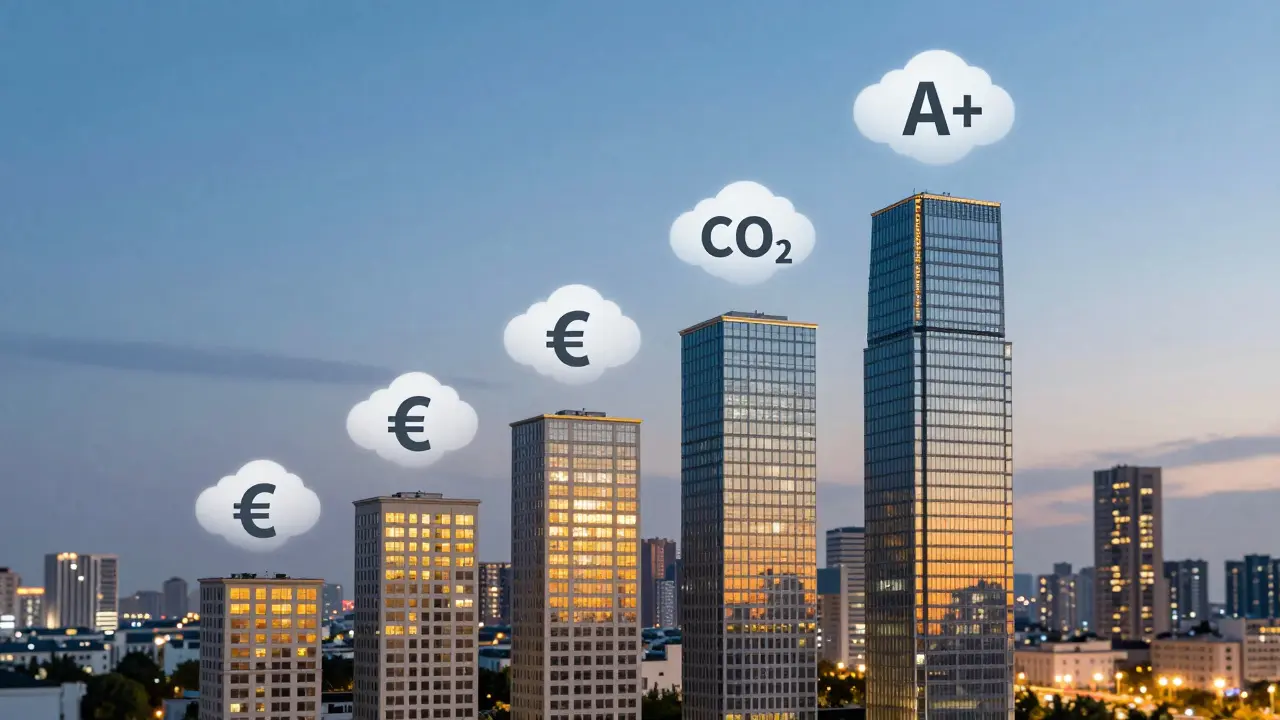 Aufsteigende Graphik aus Gebäuden, die Energieklassen von H bis A+ darstellt, mit sinkenden CO2-Wolken und steigenden Euro-Symbolen.