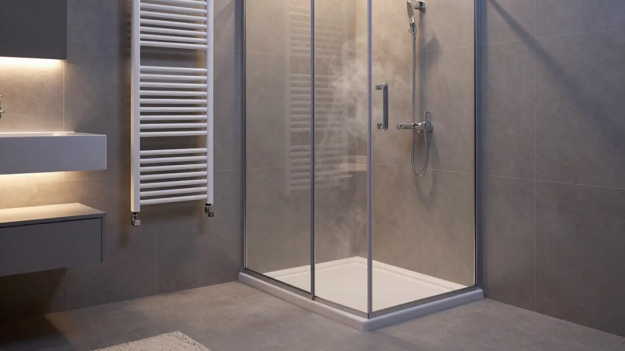 Barrierefreie Dusche mit Null-Einstieg, LED-Beleuchtung und mattem Fliesenboden in einem ruhigen, abendlich beleuchteten Badezimmer.