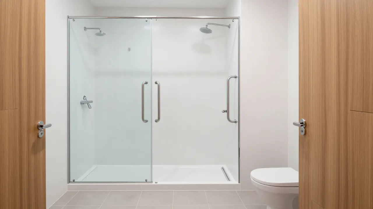 Barrierefreies Badezimmer mit Haltegriffen und Duschfläche