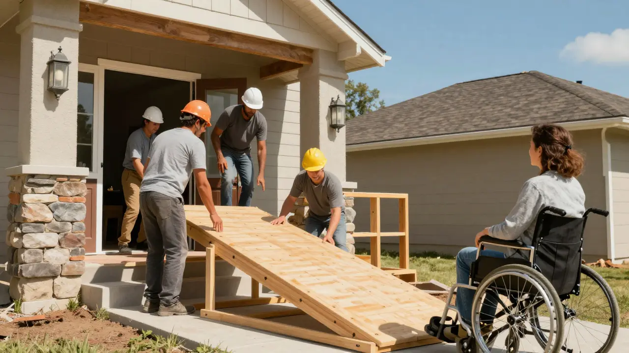 Bauarbeiter bauen Rampe für barrierefreien Zugang