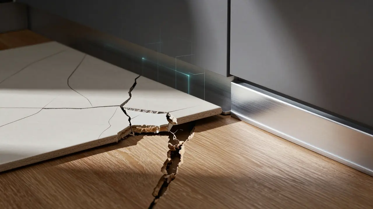 Beschädigter Boden neben einem perfekten Übergangsprofil, vergleichend dargestellt