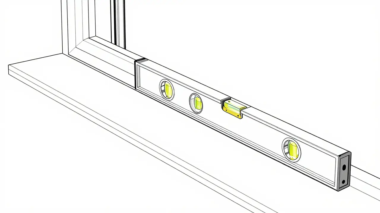 DIYer prüft Neigung mit Wasserwaage und dichtet Fensterbank ab.